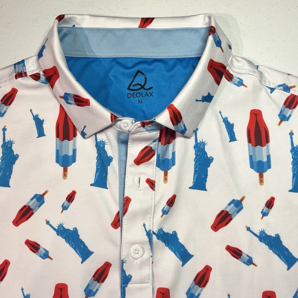 Deolax Polo Shirt Mens X-Large Bomb Pop 4th Of July Red White Blue Large EUC